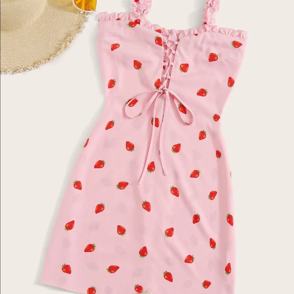 Strawberry Print Lace Up Front Frill Trim Dress